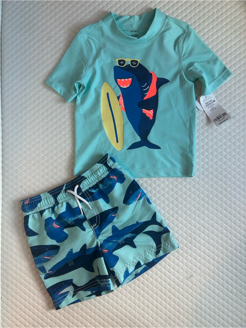 NWT Carter's Boys Light Aqua Shark Rash Guard Set 3T